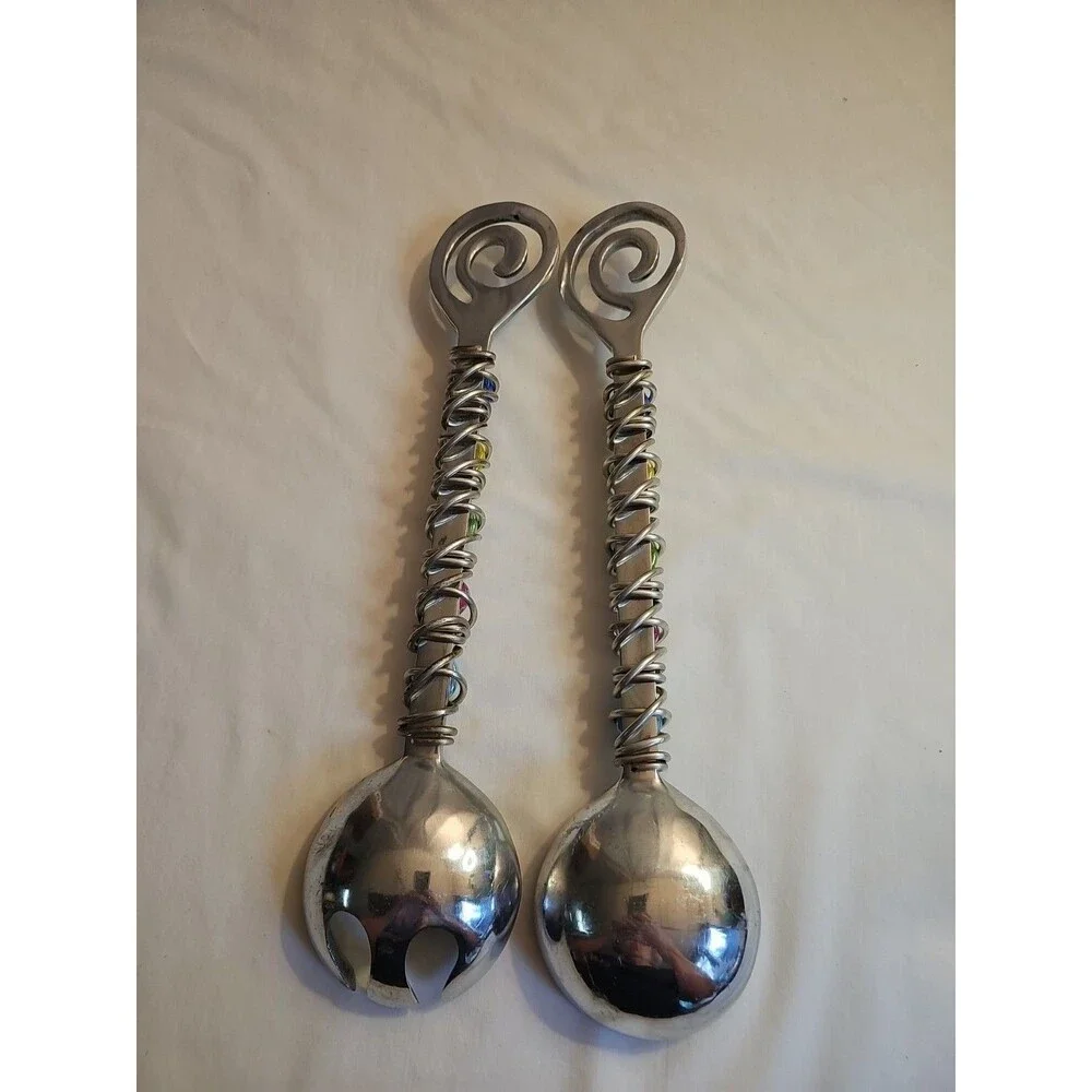 Dary Rees Salad Servers Vintage 1990s Pewter & Colorful Stones